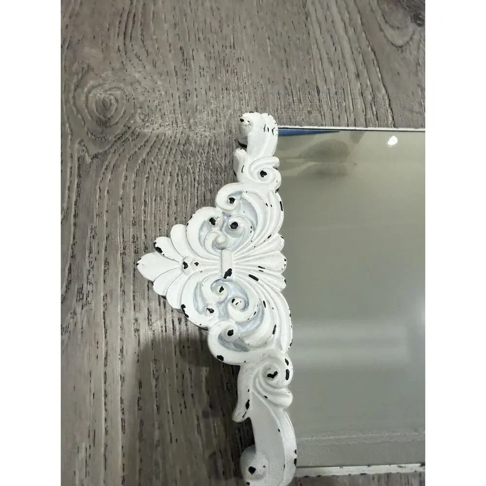 French Ornate Rectangle 26”X8.5” Mirror Hanging Distressed White Vintage